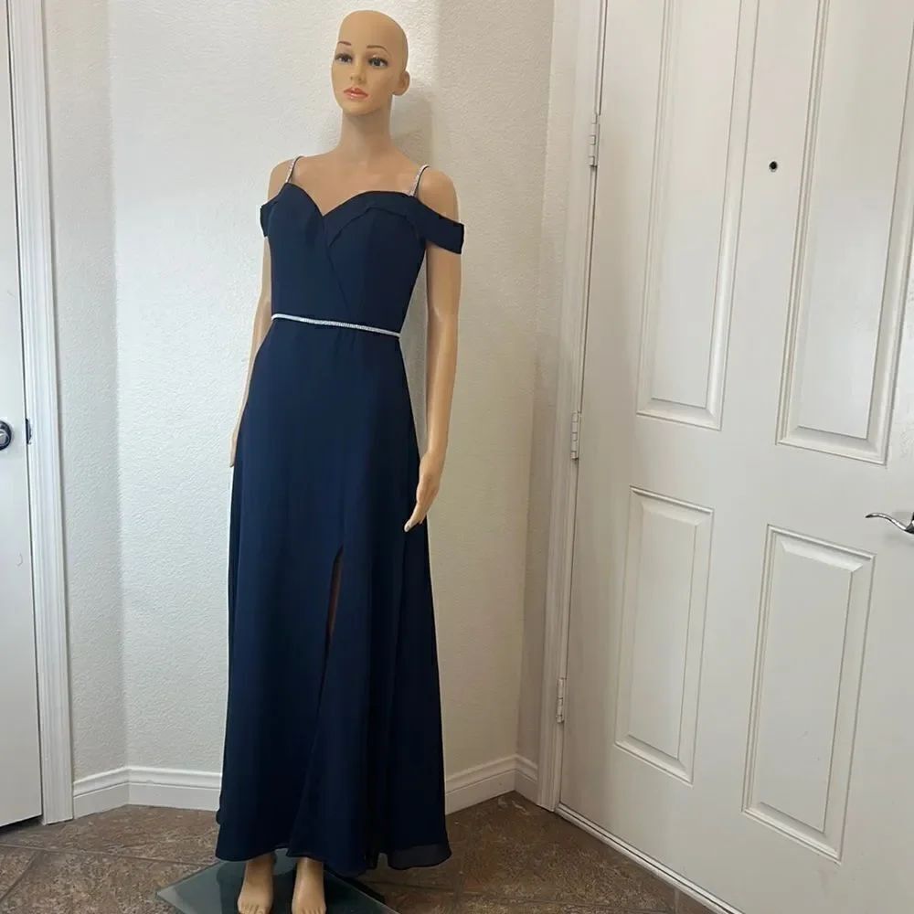 Elizabeth K GLS Dress Small Navy Blue Rhinestone Sweetheart Neck Cold Shoulder